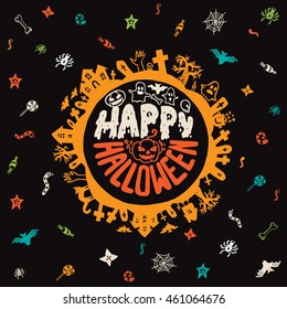 Halloween card with hand drawn lettering, cemetery landscape and scary elements on black background. Vector hand drawn illustration.