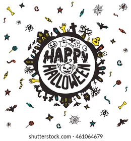 Halloween card with hand drawn lettering, cemetery landscape and scary elements on white background. Vector hand drawn illustration.