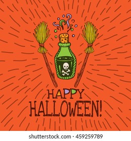 Halloween card with hand drawn magic potion bottle and broom on orange background. Vector hand drawn illustration.