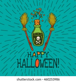 Halloween card with hand drawn magic potion bottle and broom on turquoise background. Vector hand drawn illustration.