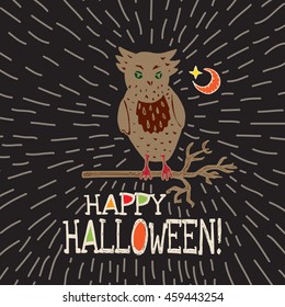 Halloween card with hand drawn owl silhouette on moon background. Vector hand drawn illustration on black background