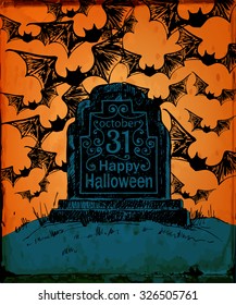 Halloween card. Hand drawn tombstone with lettering on spooky background. Vector illustration contains gradient meshes.