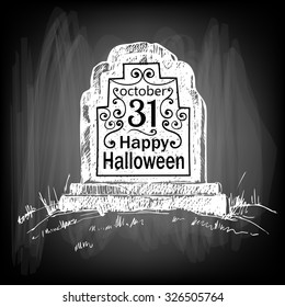 Halloween card. Hand drawn tombstone with lettering on chalkboard background. Vector illustration contains gradient meshes.