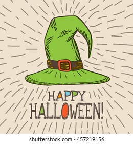 Halloween card with hand drawn witch hat on beige background. Vector hand drawn illustration.