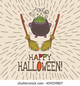 Halloween card with hand drawn witch's cauldron and broom on beige background. Vector hand drawn illustration.