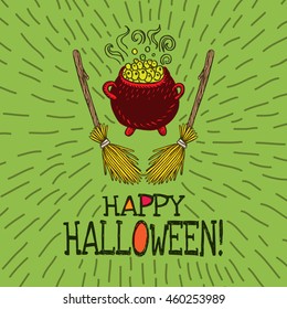 Halloween card with hand drawn witch's cauldron and broom on green background. Vector hand drawn illustration.
