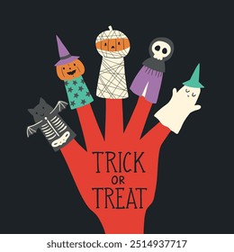 Tarjeta de Halloween con la mano, calabaza, fantasma, murciélago. Diseño de postal Trick or Treat. Divertido Halloween. Ilustración vectorial en estilo plano de dibujos animados. Bueno para carteles, camisetas, postales.