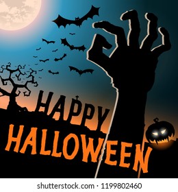 Halloween card with hand zombie, vector background template, Happy halloween party festive poster