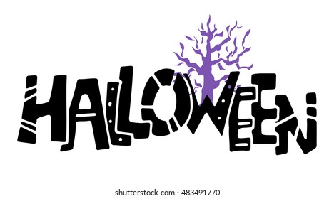 Halloween card. Halloween handwritten text. Tree. Isolated on white background