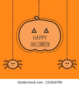 Halloween card with hanging pumpkin and two spiders. Dash line. Flat design. Vector illustration