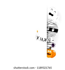 Halloween card, happy celebrate mummy, spooky, spider and pumpkin cute cartoon character for kids background vector illustration