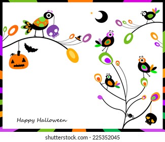 halloween card with happy crows sitting on tree branches
