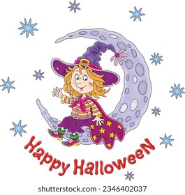 Halloween card with a happy little witch sitting on a shining crescent moon and waving in greeting on a mysterious dark starry night, vector cartoon illustration isolated on white