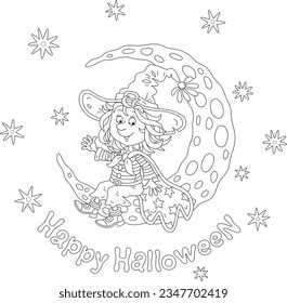 Halloween card with a happy little witch sitting on a shining crescent moon and waving in greeting on a mysterious dark starry night, black and white vector cartoon illustration