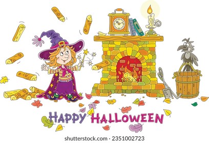 Halloween card with a happy little witch waving her magic wand and conjuring a funny trick with flying firewood for an old stone fireplace, vector cartoon illustration isolated on a white background