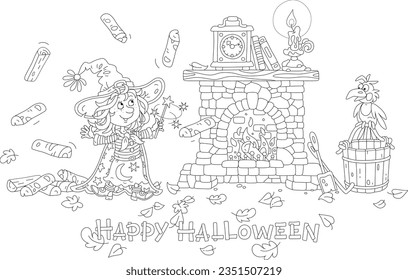 Halloween card with a happy little witch waving her magic wand and conjuring a funny trick with flying firewood for an old stone fireplace, black and white outline vector cartoon illustration