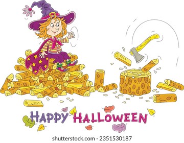 Halloween card with a happy little witch chopping firewood with an enchanted flying ax, vector cartoon illustration isolated on a white background