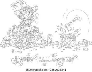 Halloween card with a happy little witch chopping firewood with an enchanted flying ax, black and white outline vector cartoon illustration for a coloring book