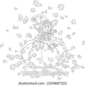 Halloween card with a happy little witch in a magical hat sitting on a large pumpkin and waving in greeting among autumn leaves swirling around, black and white vector cartoon illustration