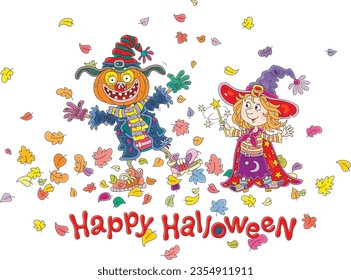 Halloween card with a happy little witch waving her magic wand and a funny scarecrow dancing among colorful autumn leaves swirling around, vector cartoon illustration on white