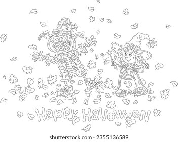 Halloween card with a happy little witch waving her magic wand and a funny scarecrow dancing among autumn leaves swirling around, black and white outline vector cartoon illustration