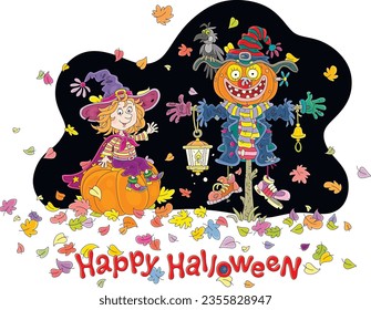 Halloween card with a happy little witch sitting on a pumpkin and a funny scarecrow among colorful autumn leaves swirling around, vector cartoon illustration on white