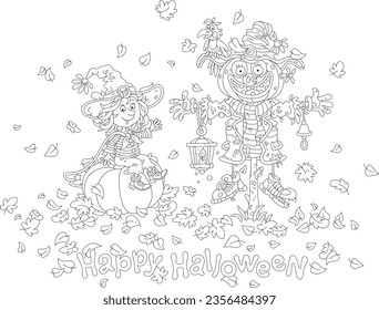 Halloween card with a happy little witch sitting on a pumpkin and a funny scarecrow among autumn leaves swirling around, black and white outline vector cartoon illustration