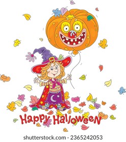 Halloween card with a happy little witch waving in greeting and a large orange pumpkin balloon among colorful autumn leaves swirling around, vector cartoon illustration on white