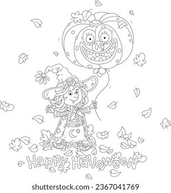 Halloween card with a happy little witch waving in greeting and a large pumpkin balloon among autumn leaves swirling around, black and white outline vector cartoon illustration