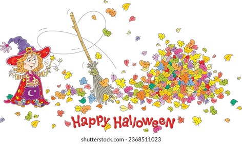 Halloween-Karte mit einer glücklichen kleinen Hexe mit ihrem Zauberstab und einem magischen, fliegenden Besom, bunten Herbstblätter in einem großen Heap, Vektorgrafik auf weißem Hintergrund