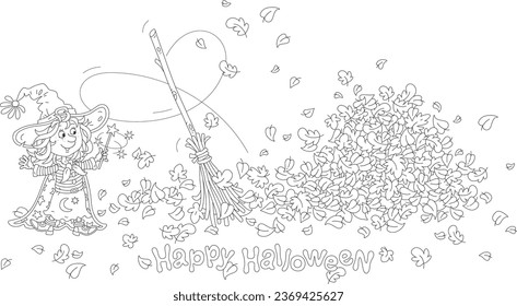 Halloween-Karte mit einer glücklichen kleinen Hexe mit ihrem Zauberstab und einem magischen, fliegenden Besen, die Herbstblätter in einem großen Heap, schwarz-weißer Vektorgrafik-Illustration für ein Farbbuch