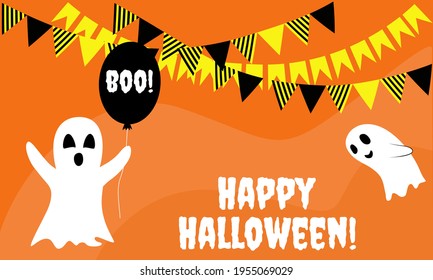 Halloween card with Happy Halloween! Orange greeting card or invitation with ghost image, black balloon with "Boo!", holiday flags