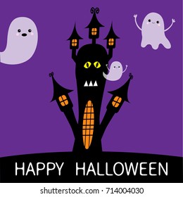 Halloween card. Haunted house silhouette with eyes, windows and flying transparent ghost spirit. Boo Funny Cute cartoon baby character set. Violet background Flat design. Vector illustration.