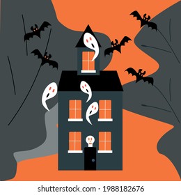 Halloween card. Haunted old house with flying ghosts, bats, with a dark forest and a skull at the entrance to the house. Vector illustration 