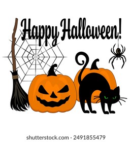 Halloween card with hissing cat, pumpkins, witch broom and cobweb, flat design vector illustration, banner, invitation, Halloween decoration elements.