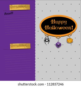 Halloween card with holiday charms, ghost,pumpkin,spider,on dot background. Vector illustration.