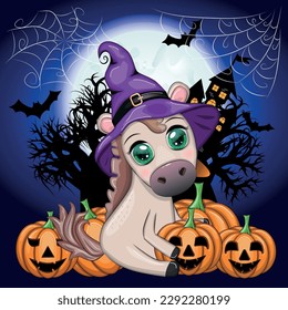 Halloween card for the holiday. Cute horse, pony in a purple witch hat, with a broom, pumpkin, potion.