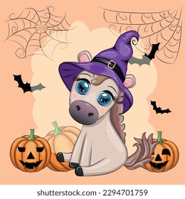 Halloween card for the holiday. Cute horse, pony in a purple witch hat, with a broom, pumpkin, potion.