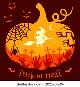 Halloween card with holiday symbols and quote trick or treat. Halloween design with a witch on a broomstick, a spider on a spiderweb, a pumpkin, the creepy hands of monsters and trees. Colorful concep