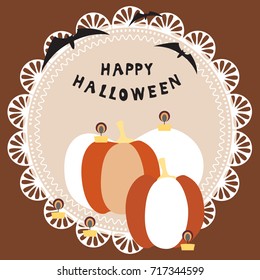 Halloween card with huge pumpkins, burning candles, text and bats on a decorative circular substrate and colored background