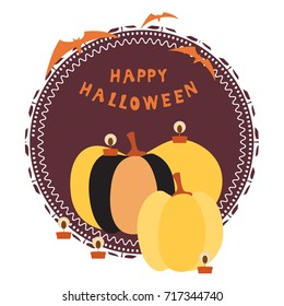 Halloween card with huge pumpkins, burning candles, text and bats on a decorative circular substrate and colored background