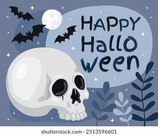Halloween card. Human skull on a blue background. The inscription "Happy Halloween", bats, full moon.