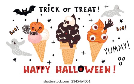 Halloween card with ice cream dessert.Banner with cute cartoon characters and hand written text.Colorful print with bat,spider,web,ghost,pumpkin and doodle elements.Vector flat illustration on white.