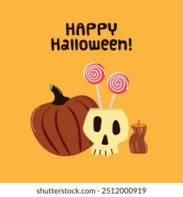 Halloween card icon clipart avatar logotype illustration with pumpkin candle skull and peppermint candy