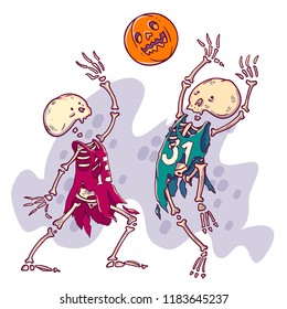 Halloween card illustration. Couple of dead basketball player with pumpkin scary ball.