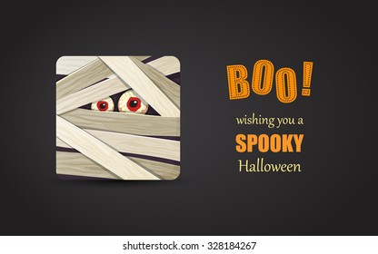 Halloween card with illustration of a mummy in square in flat style in vector