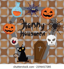 Halloween card. Illustration with pumpkin, cat, coffin, spider, chemical and happy halloween word.