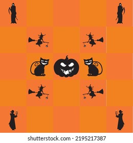Halloween card. Illustration with silhouettes pumpkin, cat, witch, angel of death and dracula in orange background.