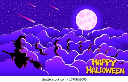 Halloween card illustration with witch and bats flying in clouds with moon in in background, paper style