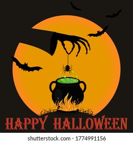 Halloween card with the image of a boiling witch's pot on the background of the moon, color vector illustration, design, decoration, gift
